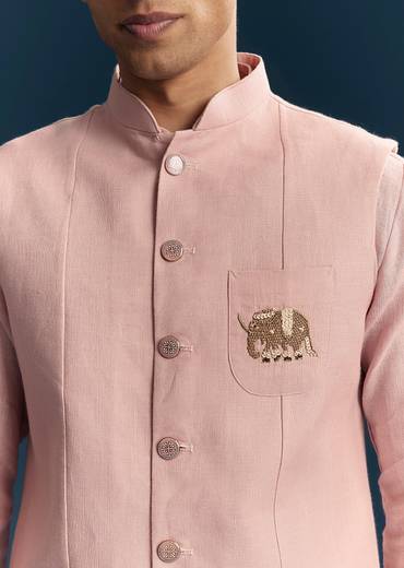 Pastel Pink Silk Kurta Jacket Set With Thread Detail Work