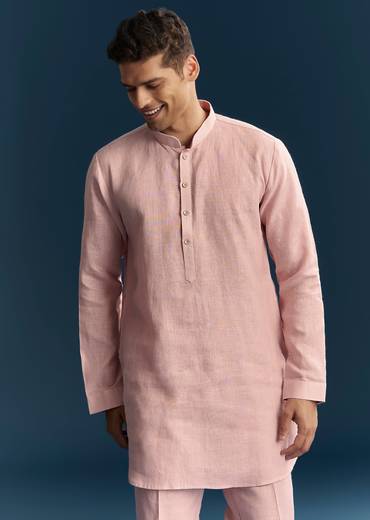 Pastel Pink Silk Kurta Jacket Set With Thread Detail Work