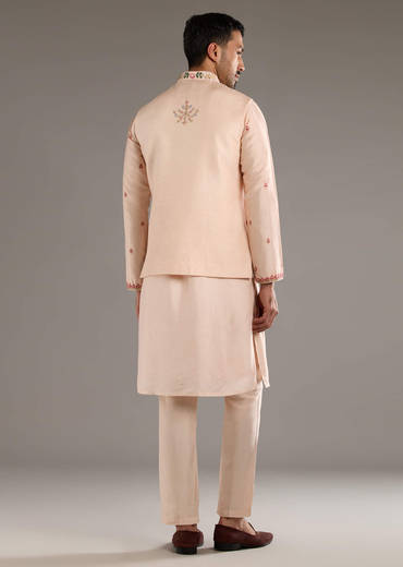 Peach Banarasi Silk Kurta Jacket Set For Men With Heavy Hand Embroidery
