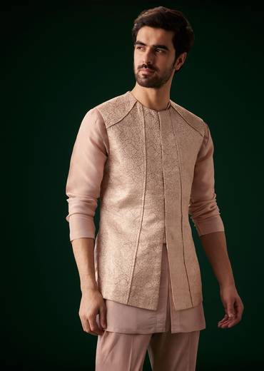 Peach Banarasi Silk Kurta Jacket Set