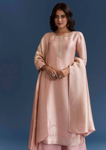 Peach Banarasi Tissue Kurta Set With Zardosi Neckline