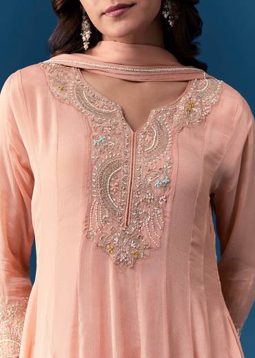Peach Chinon Anarkali Suit With Dupatta And Moti Cut Dana Work Detail