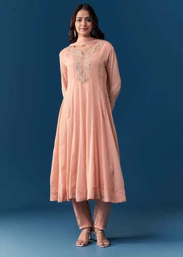 Peach Chinon Anarkali Suit With Dupatta And Moti Cut Dana Work Detail