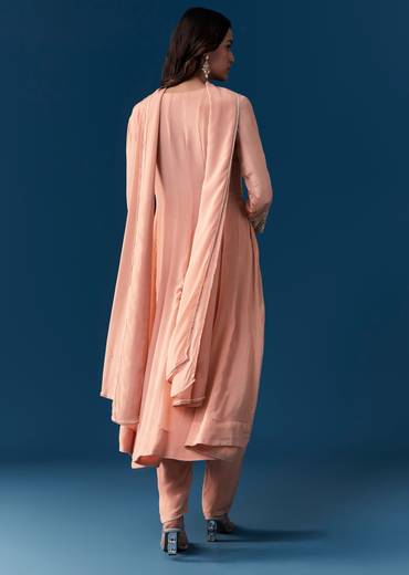 Peach Chinon Anarkali Suit With Dupatta And Moti Cut Dana Work Detail