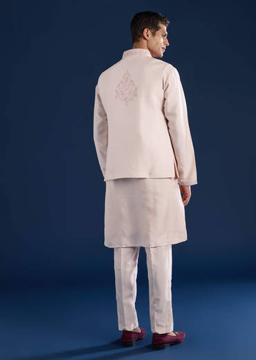 Peach Cotton Silk Jacket Kurta Set with Mirror Work