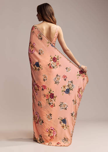 Peach Crepe Saree With Digital Print And Sequins Embroidery