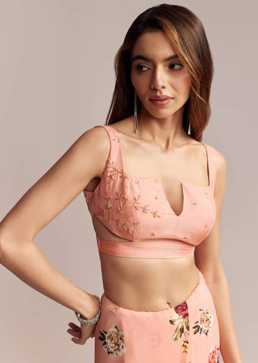 Peach Crepe Saree With Digital Print And Sequins Embroidery