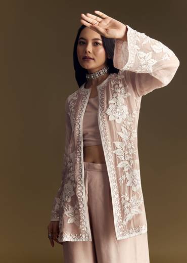 Peach Crop Top Set With Embroidered Organza Jacket