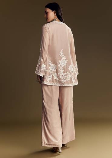 Peach Crop Top Set With Embroidered Organza Jacket