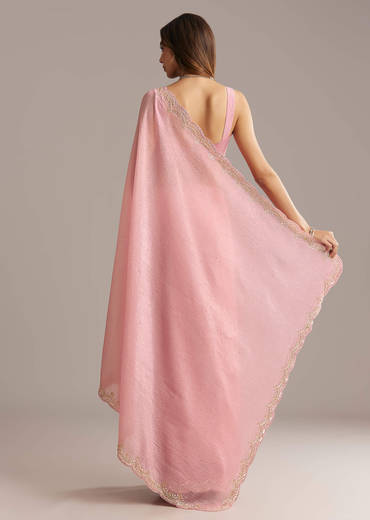 Peach Crush Tissue Saree With Scallop Border Embroidery