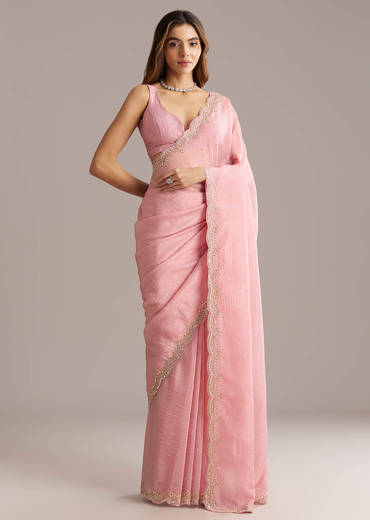 Peach Crush Tissue Saree With Scallop Border Embroidery