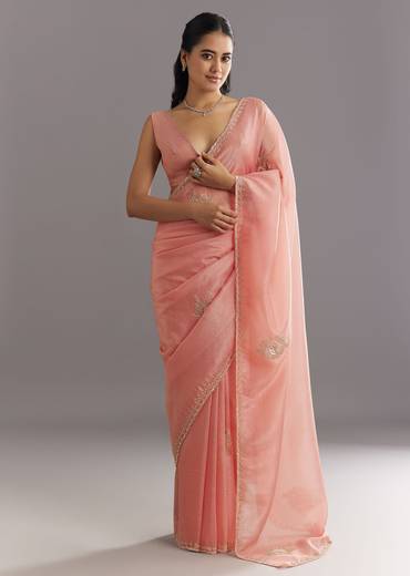 Peach Crushed Tissue Saree With Cutdana And Sequins Embroidery