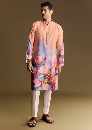 Peach Floral Printed Linen Kurta Set With Contemporary Styling
