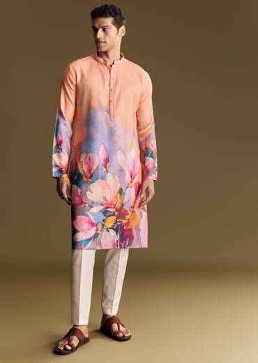Peach Floral Printed Linen Kurta Set With Contemporary Styling