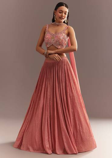 Peach French Tissue Lehenga Choli With Choker Dupatta