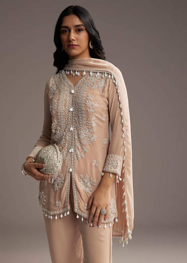 Peach Georgette Kurta Set With Beads Embroidery