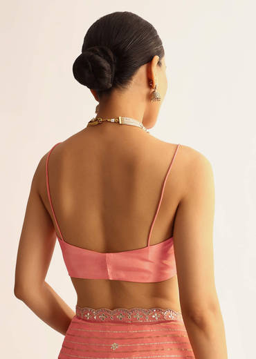 Peach Georgette Scallop Bordered Saree With Foil Printed Stripes