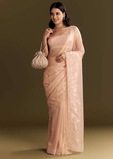Peach Glass Tissue Saree With Cutdana And Beads Scallop Border