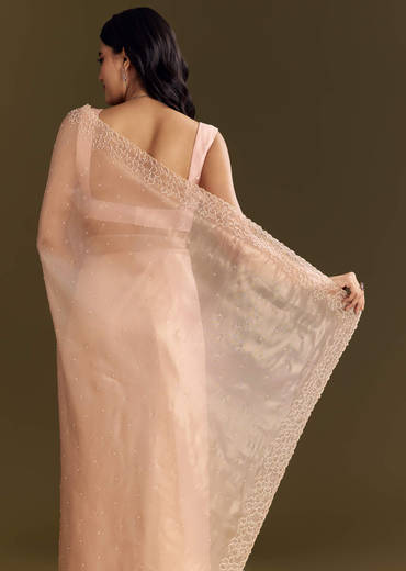 Peach Glass Tissue Saree With Cutdana And Beads Scallop Border