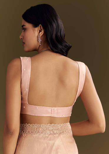 Peach Glass Tissue Saree With Cutdana And Beads Scallop Border