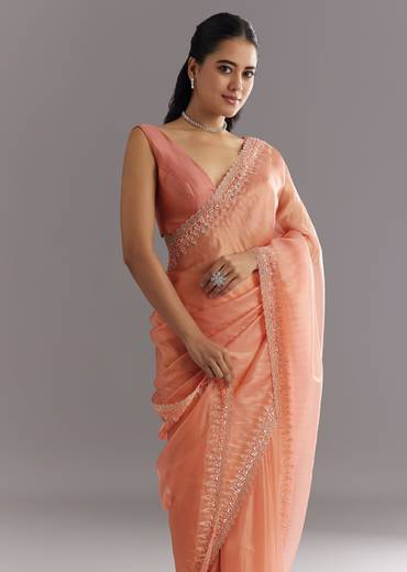 Peach Glass Tissue Saree With Cutdana Sequins Embroidery And Cutwork Scallop Border