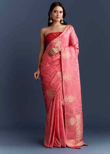 Peach Jacquard Woven Saree With Zari Work