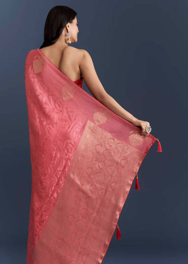 Peach Jacquard Woven Saree With Zari Work