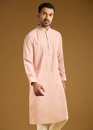 Peach Kurta Set For Men With Thread Embroidery