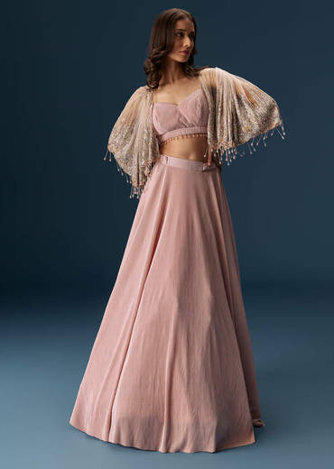 Peach Lehenga With Embroidered Blouse And Coordinating Cape