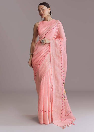 Peach Linen Handwoven Saree With Resham Embroidery