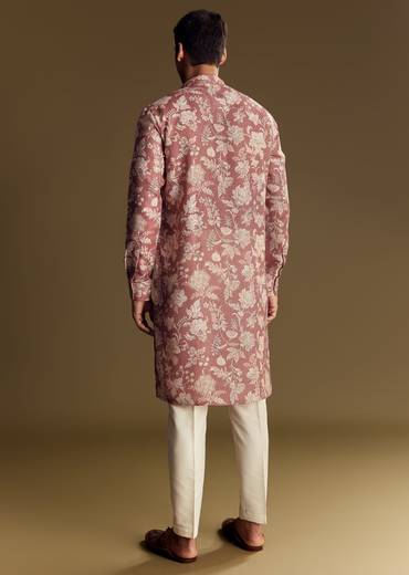 Peach Linen Kurta Set With Floral Print And Kantha Work