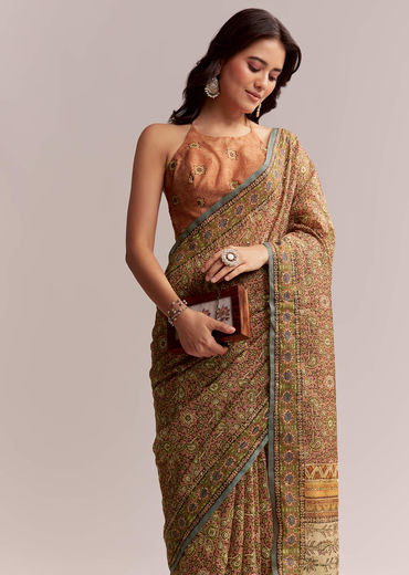 Peach Linen Printed Saree With Authentic Ajrakh Work