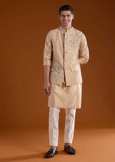Peach Mens Chanderi Jacket and Kurta Set