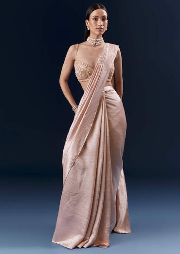 Peach Net Ready Pleated Saree With Embroidery