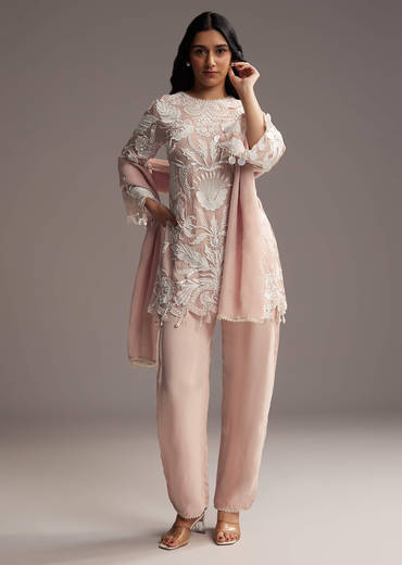 Peach Organza Kurta Set With Thread And Moti Work