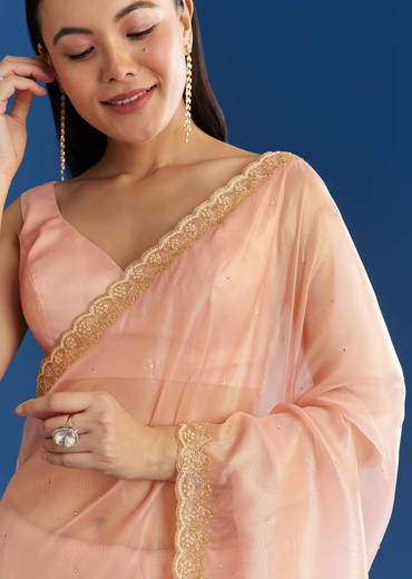 Peach Organza Tissue Saree With Beaded Scallop