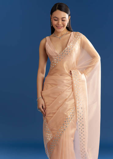 Peach Organza Tissue Saree With Cutdana Embellished Border