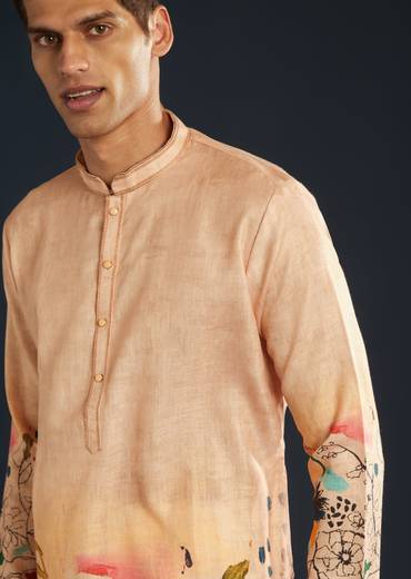Peach Printed Silk Kurta Set