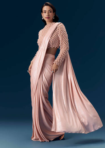 Peach Ready Pleated Saree with Blouse