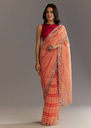 Peach Red Shaded Shibori Print Tissue Saree With Embroidered Scallop Border