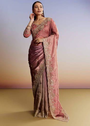 Peach Shaded Tissue Saree With Heavy Embroidered Blouse