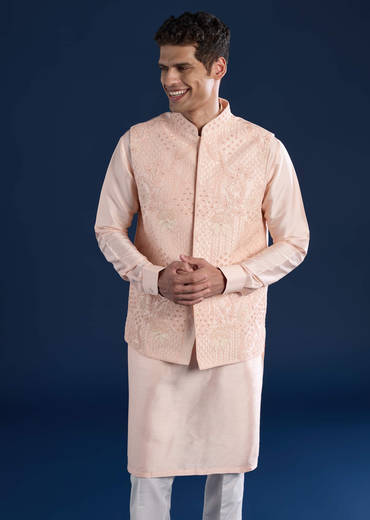 Peach Silk Jacket Kurta Set with Dori Work