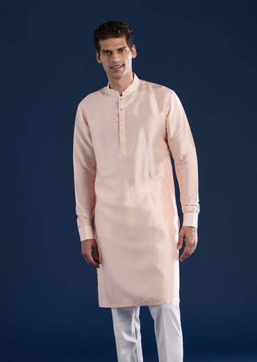 Peach Silk Jacket Kurta Set with Dori Work