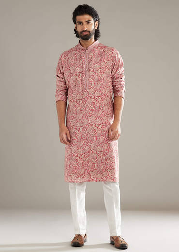 Peach Silk Kurta Set For Men With Paisley Print