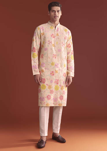 Peach Silk Kurta Set For Men With Thread Work