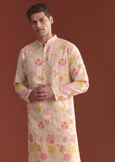 Peach Silk Kurta Set For Men With Thread Work