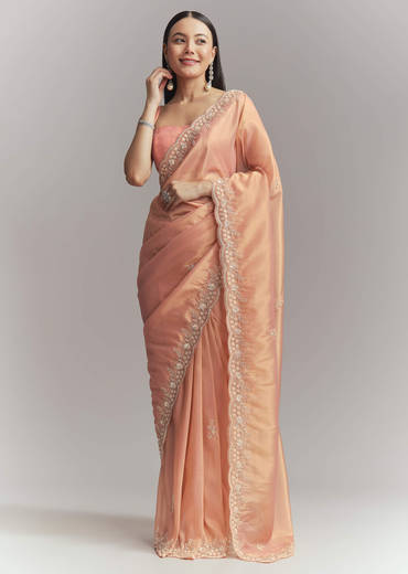 Peach Tissue Embroidered Saree With Heavy Hand Embroidery