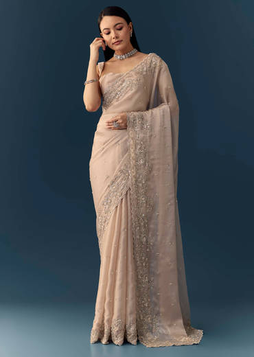 Peach Tissue Organza Cutwork Saree with Unstitched Blouse Fabric