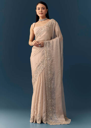 Peach Tissue Organza Cutwork Saree with Unstitched Blouse Fabric