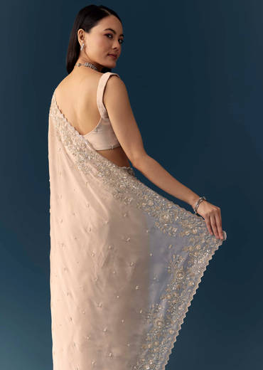 Peach Tissue Organza Cutwork Saree with Unstitched Blouse Fabric